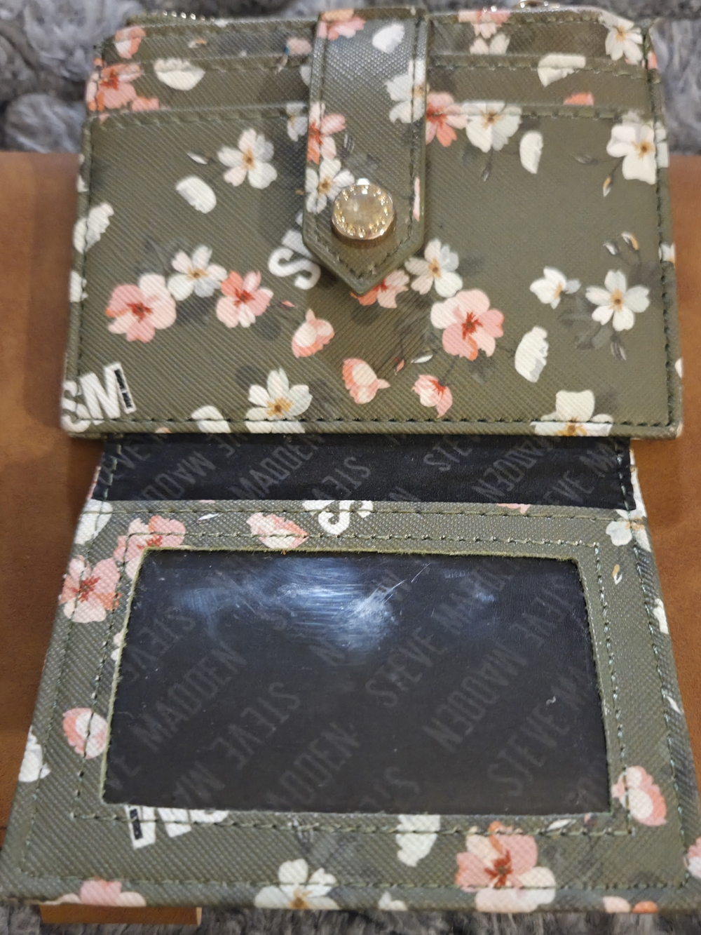 Steve Madden Olive Floral Compact Card Wallet with Pink and White Blooms